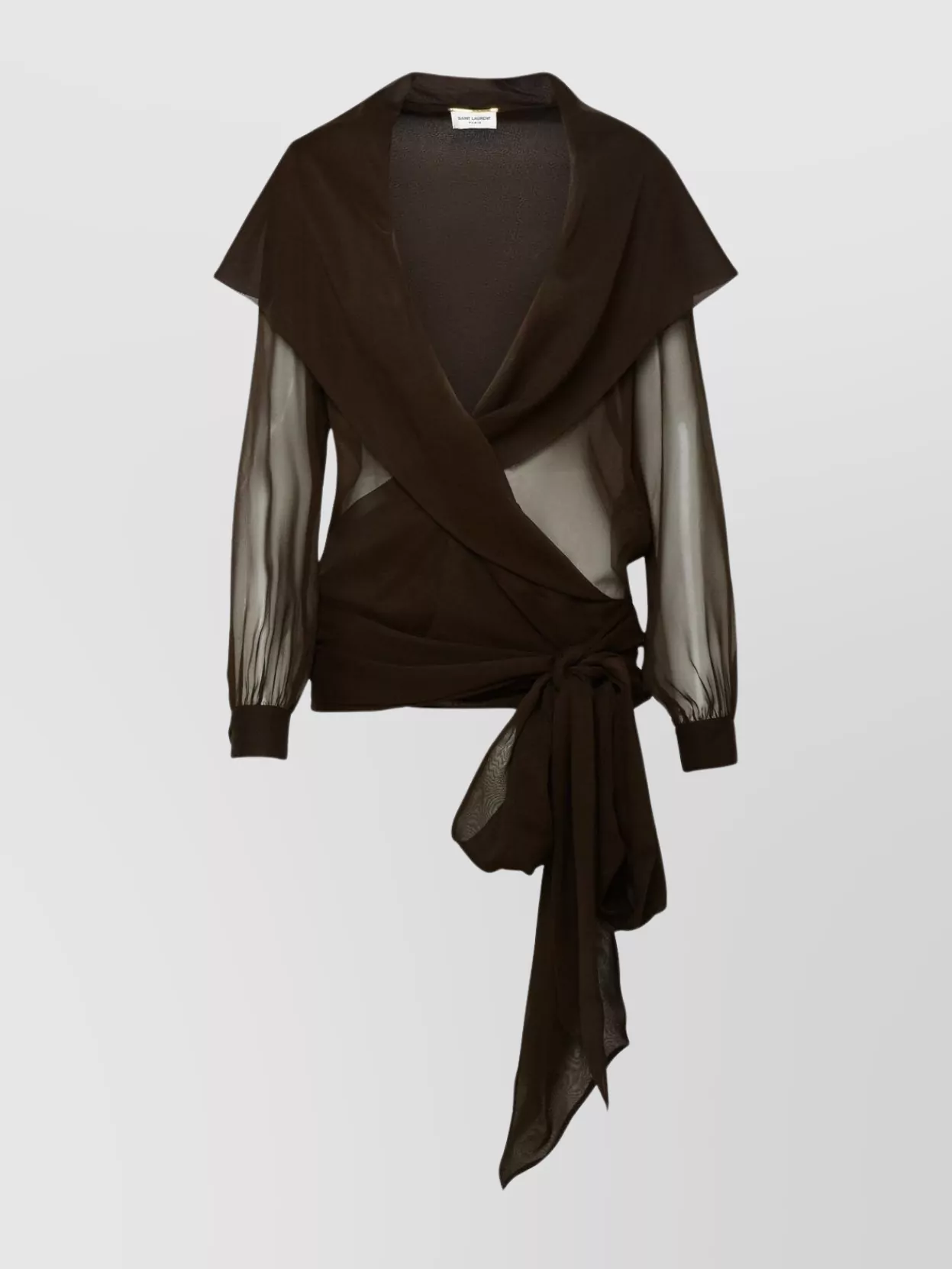 Saint Laurent Silk Blouse With Cuffed And Sheer Sleeves In Brown