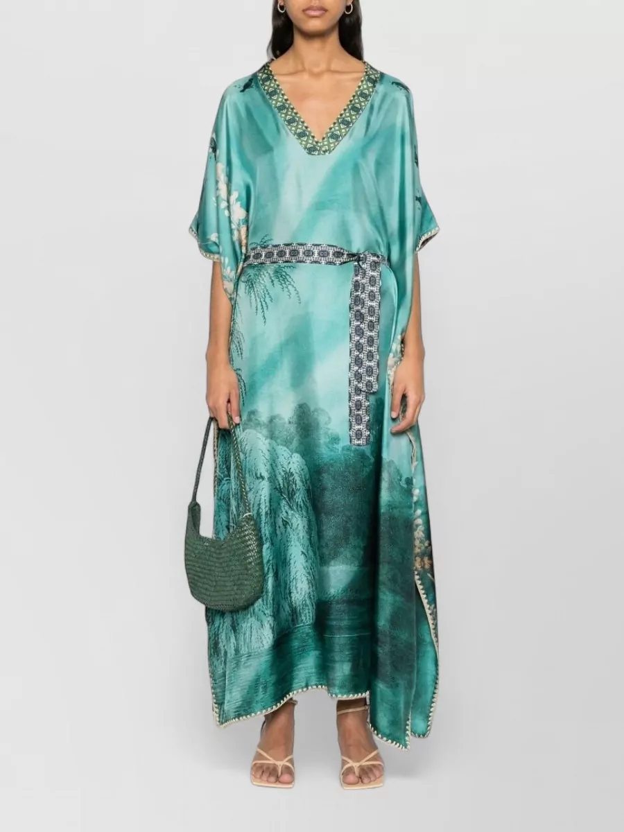 Pierre Louise Mascia Silk Printed V-Neck Kaftan