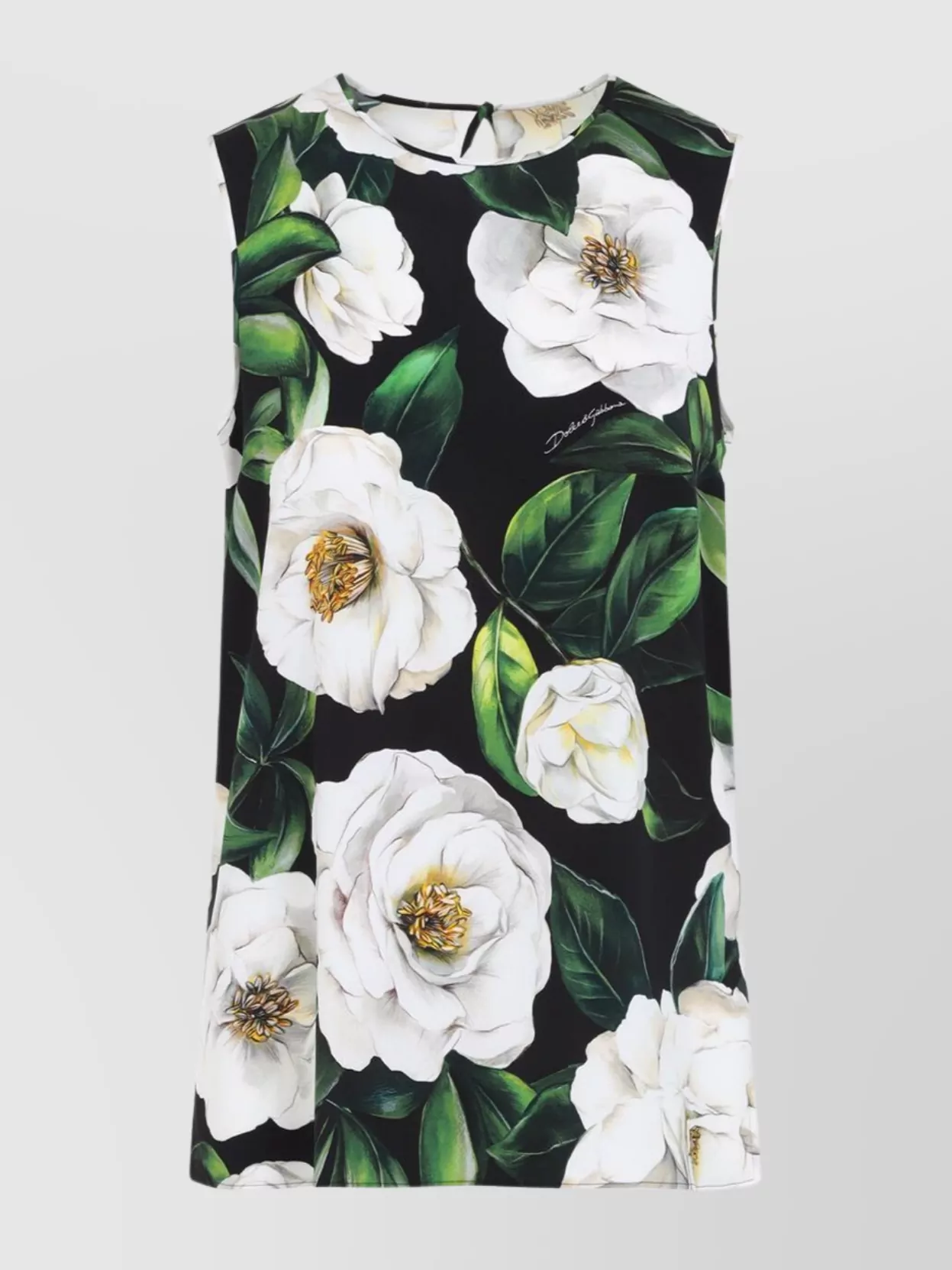 Dolce & Gabbana Gardenia Print Stretch Silk Charmeuse Sleeveless Top In Black
