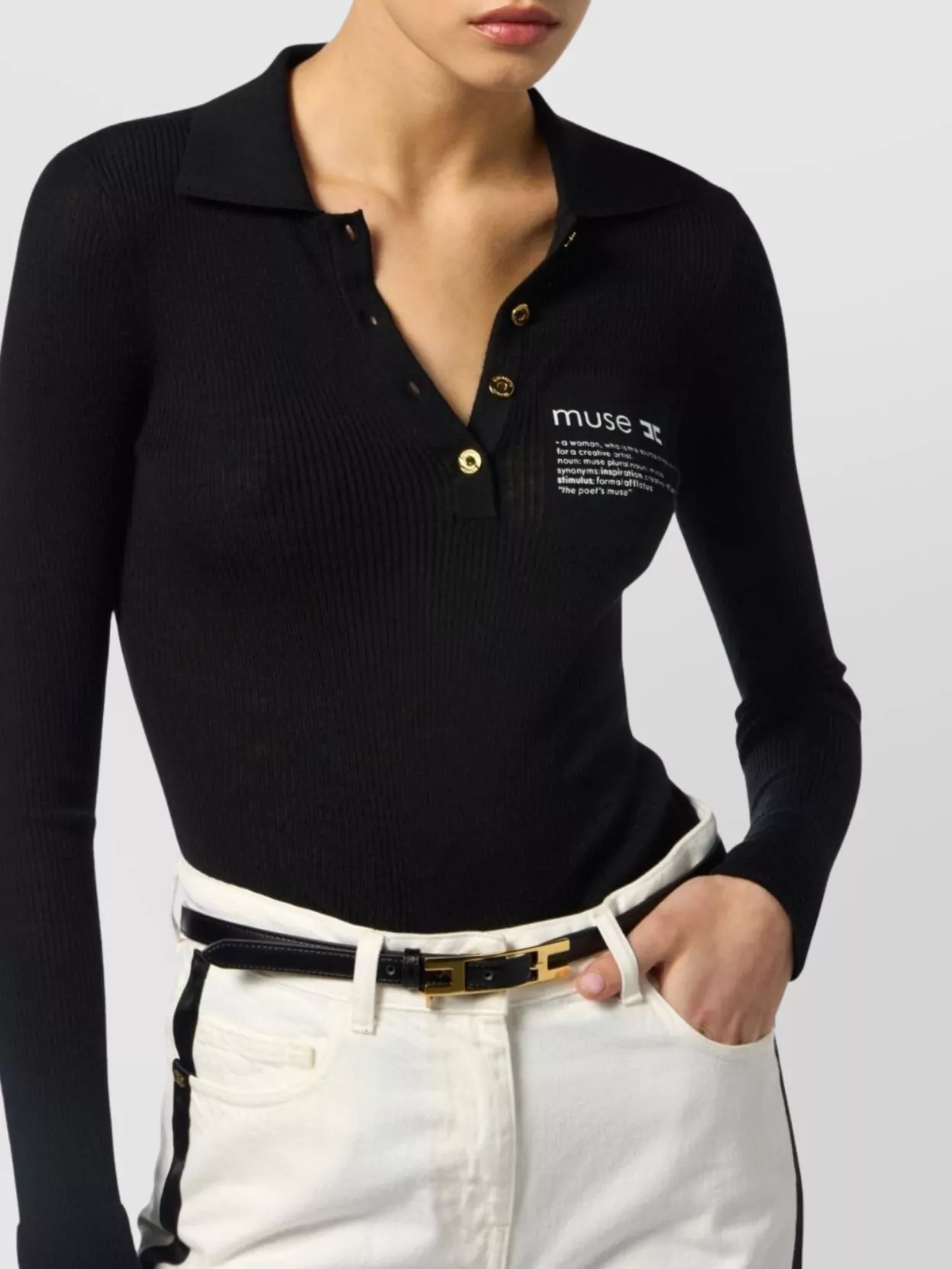 Elisabetta Franchi Collared Top With Ribbed Texture And Sleeves