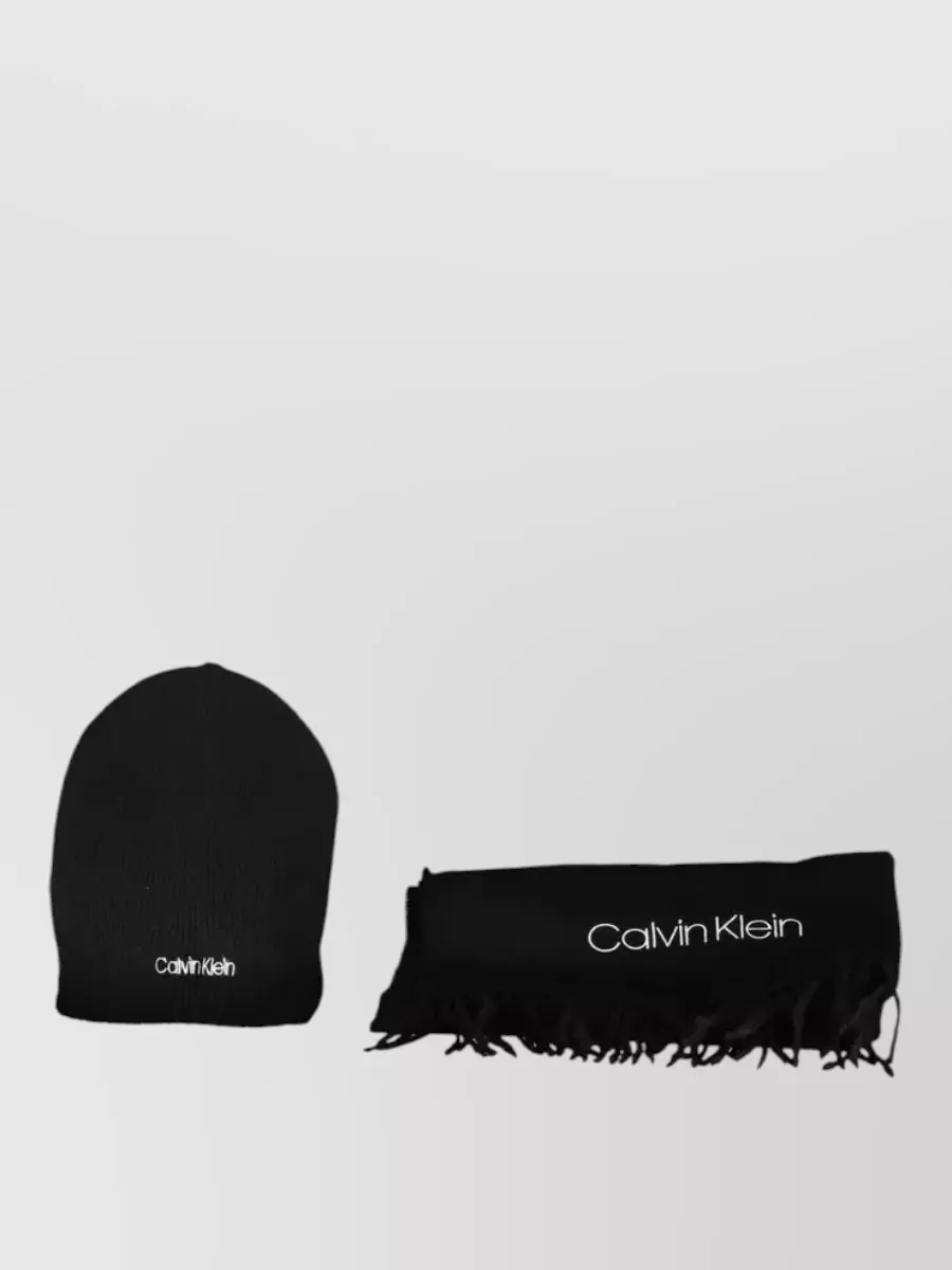 Calvin Klein acrylic beanie and fringed scarf set
