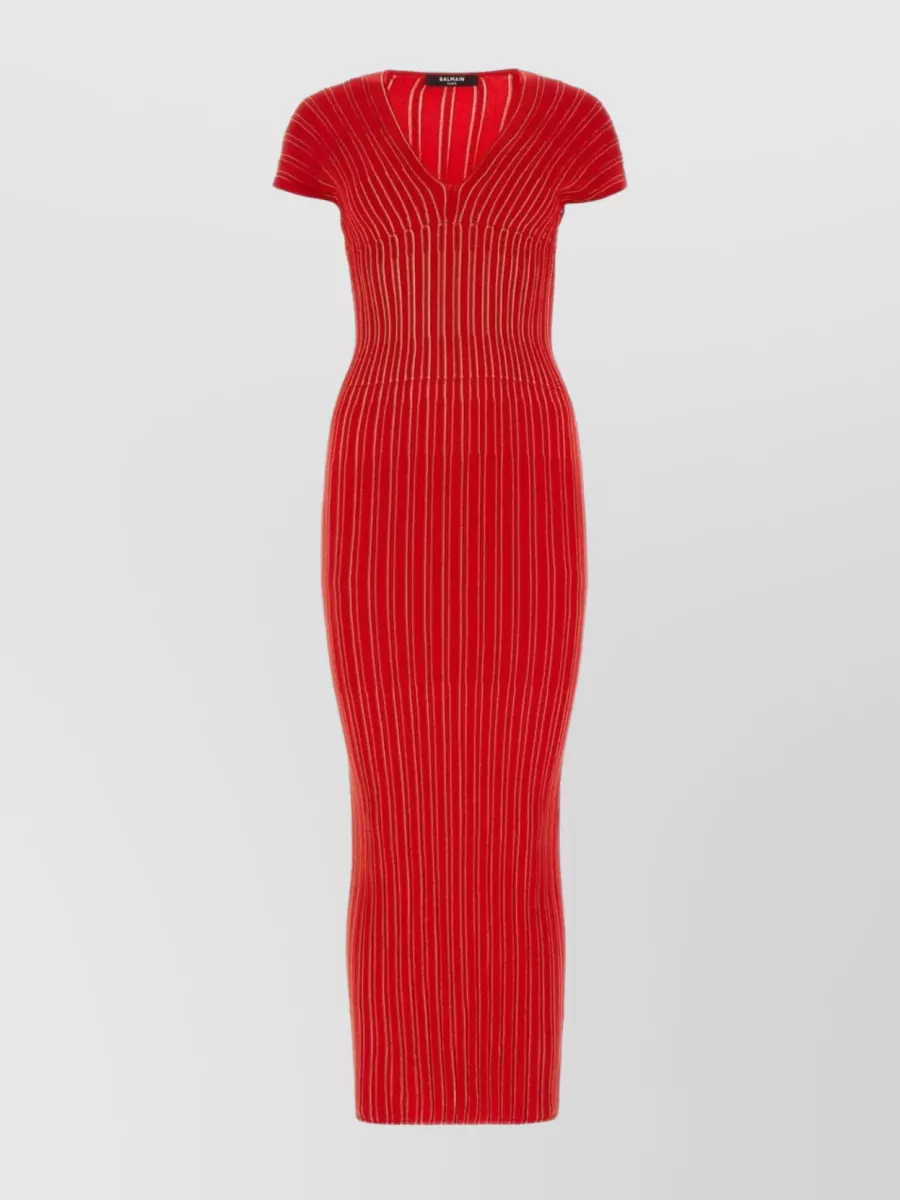 Shop Balmain Long-cut V-neck Dress With Metallic Threading In Burgundy