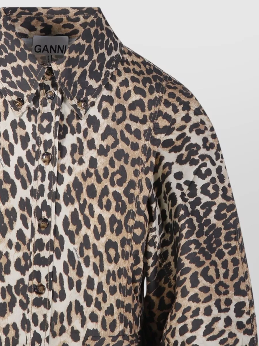 Ganni Stretch Cotton Peplum Shirt Leopard Print