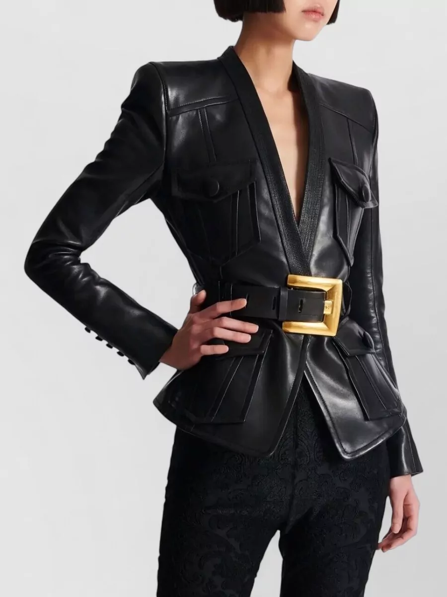 Balmain Leather Belted Fitted Jacket