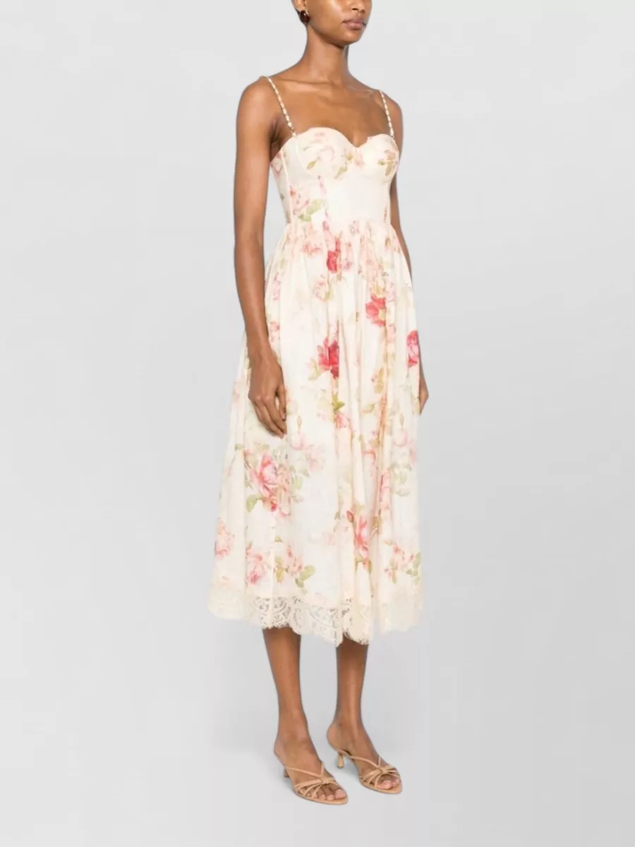 Zimmermann Linen Floral-Print Sweetheart-Neck Midi Dress