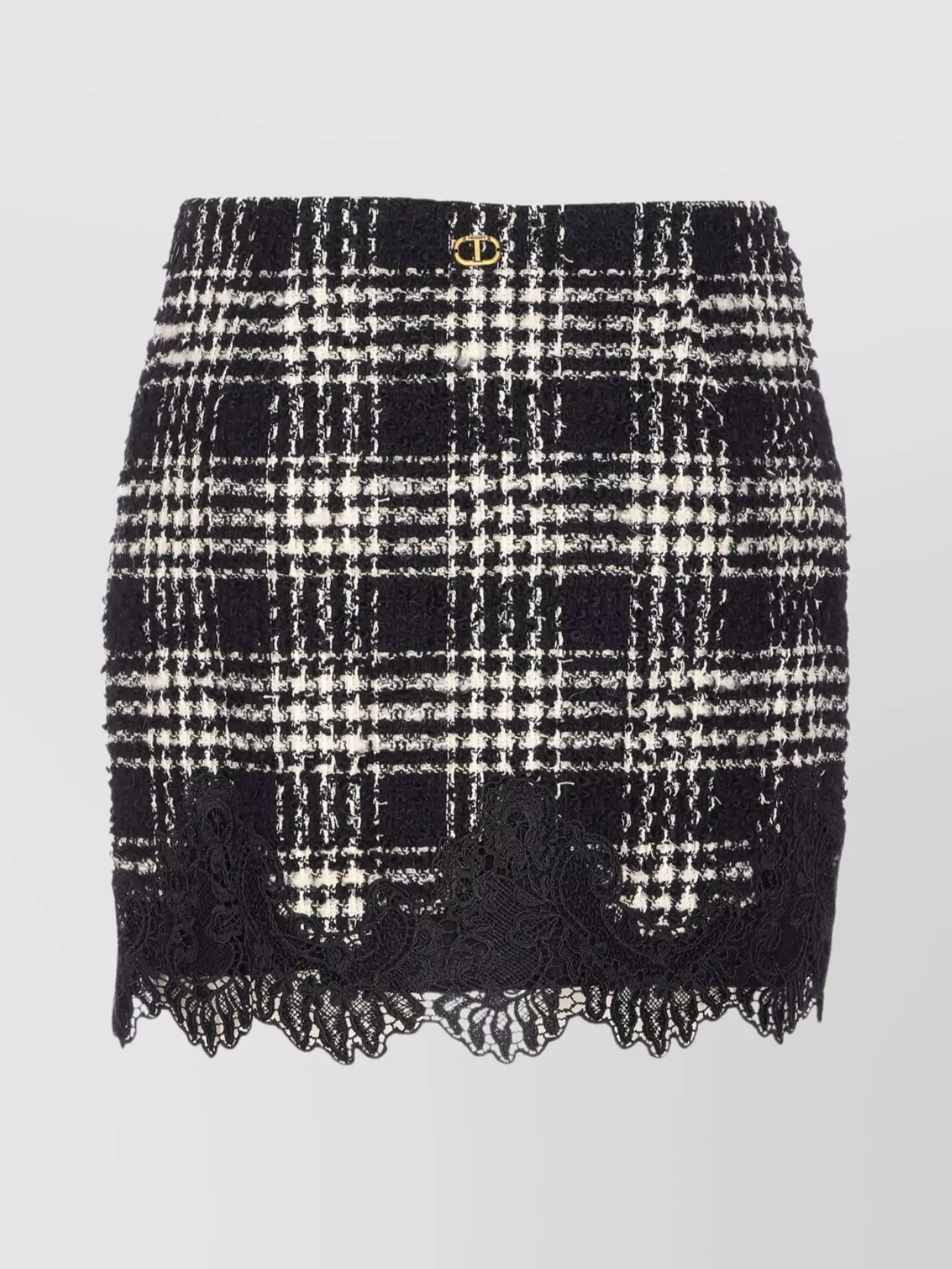 Twinset Textured Plaid Skirt With Embroidery And Lace In Black