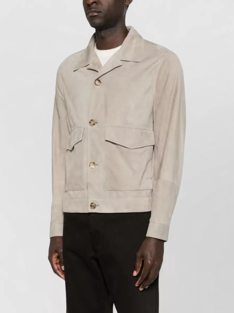 Brunello Cucinelli Suede Collared Jacket Long Sleeves Flap Pockets