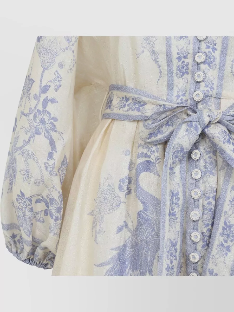 Zimmermann Linen Floral-Print V-Neck Puff-Sleeve Mini Dress
