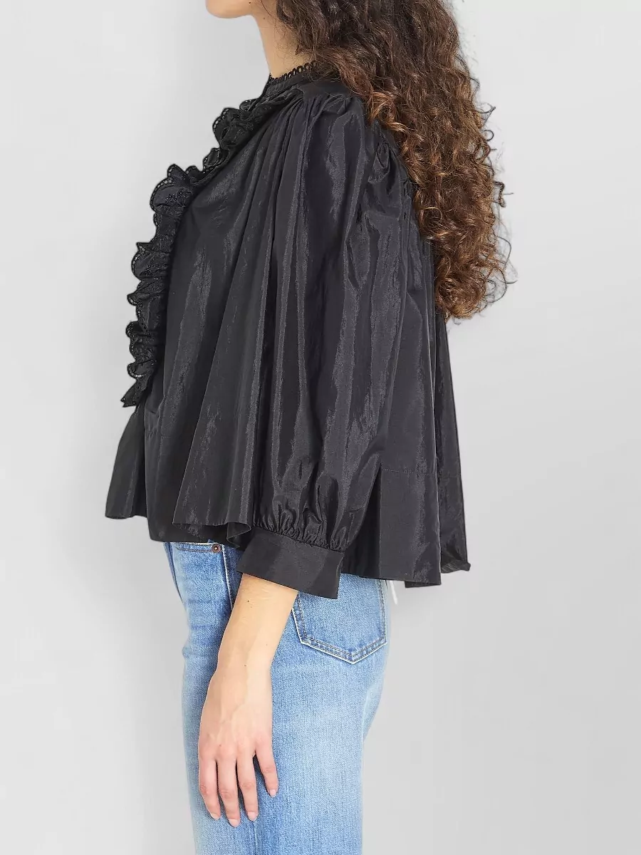 Chloé Ruffle Taffeta Top Embroidered Neckline