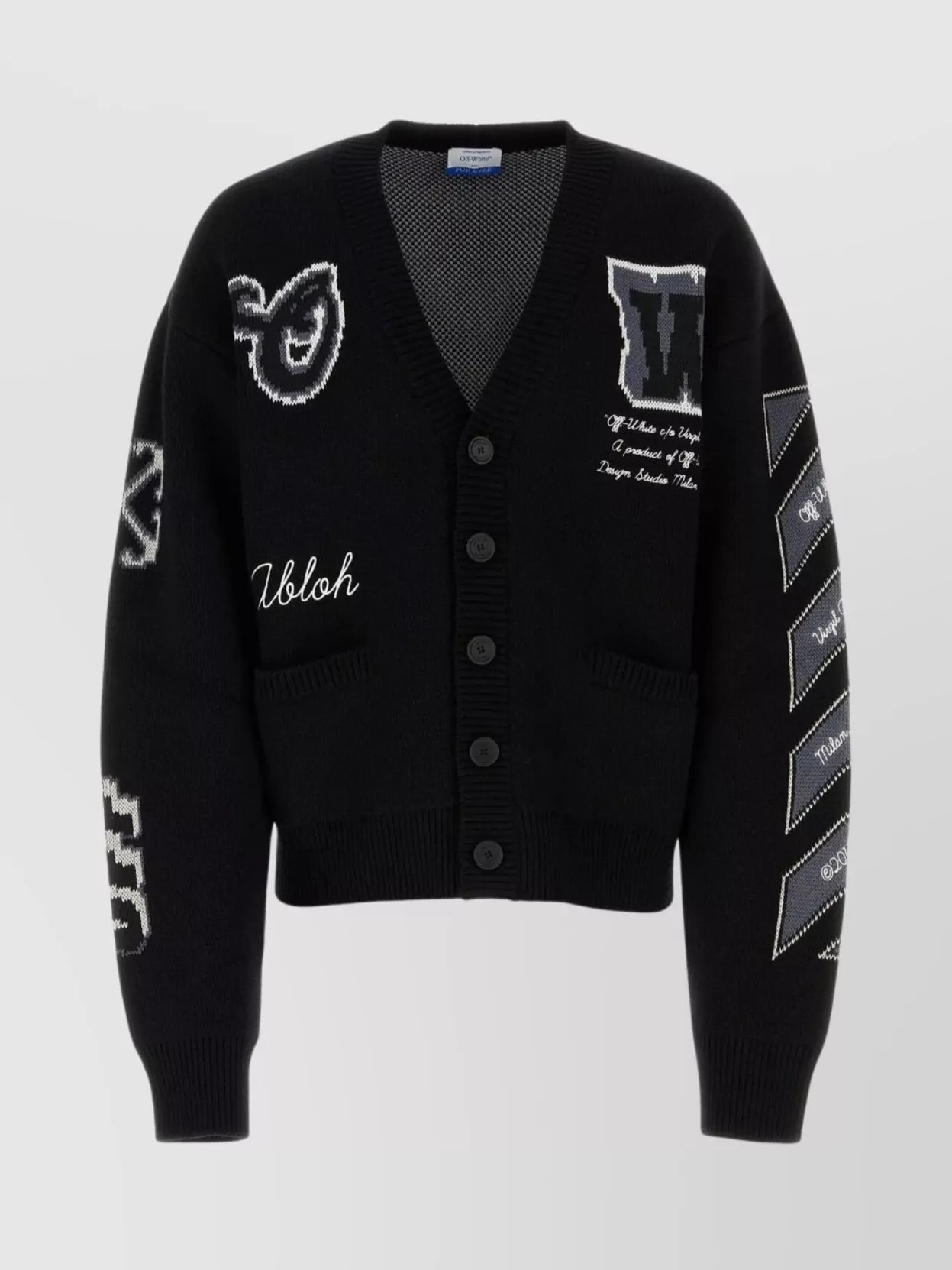 Shop Off-white Embroidered Ribbed Wool Blend Cardigan In Black
