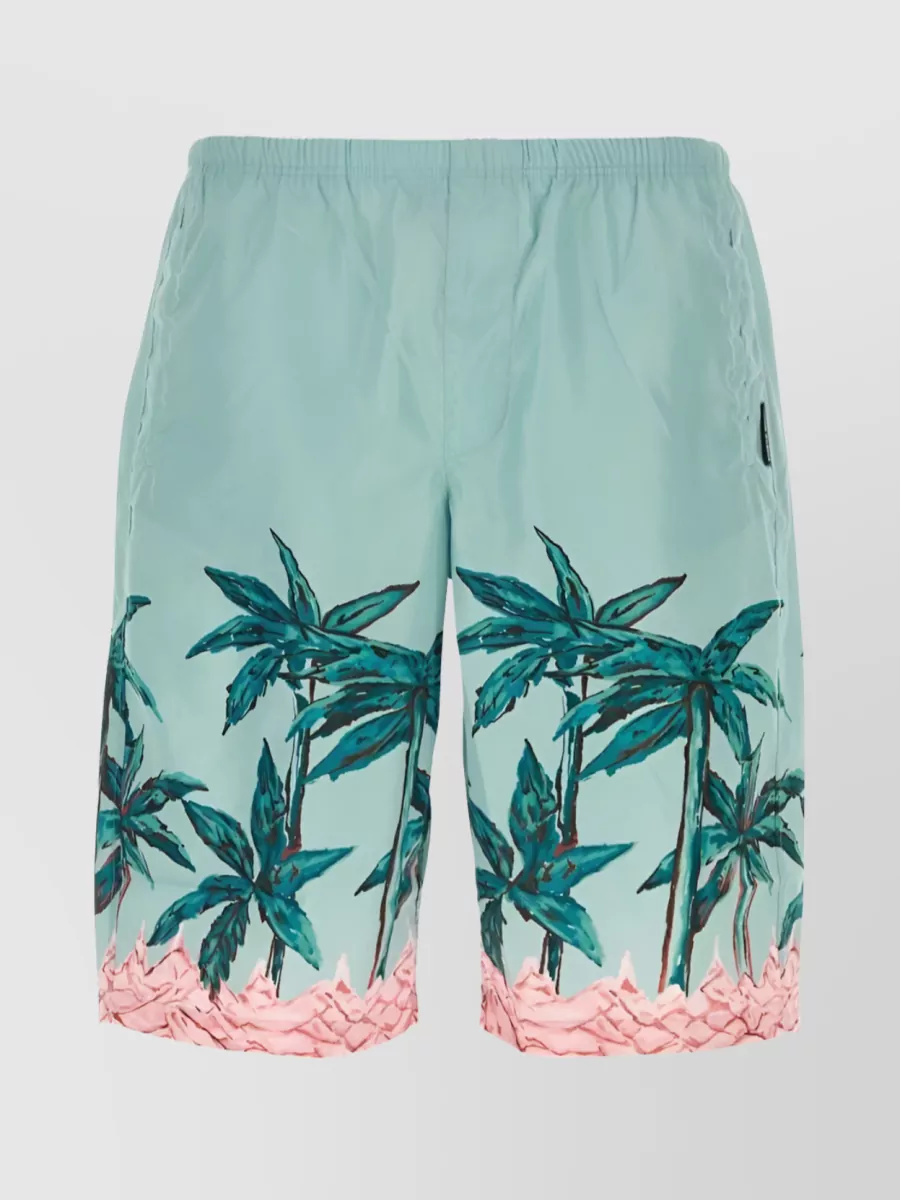 Shop Palm Angels Palms Row Palm Print Knee-length Swim Shorts In Cyan