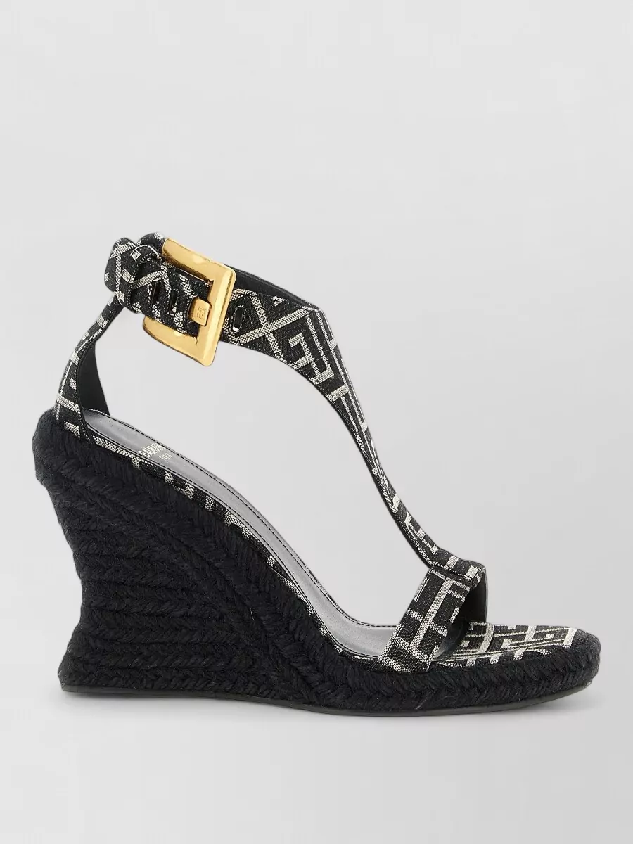 Balmain leather monogram-jacquard wedge espadrille sandals
