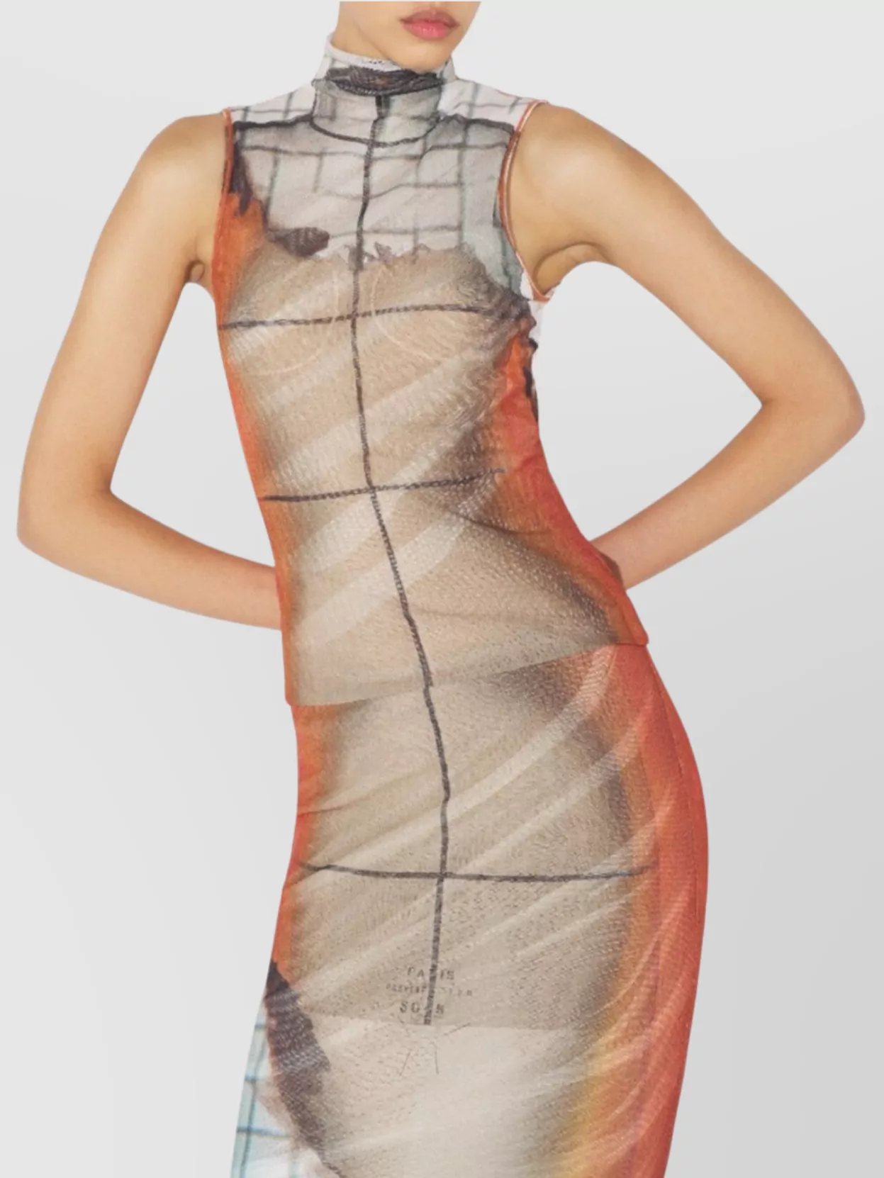 Jean Paul Gaultier Mesh High Neck Tank Top Printed "Fire"