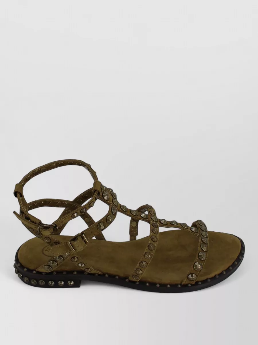 Ash Studded Leather Ankle Strap Flat Sandals In Brown