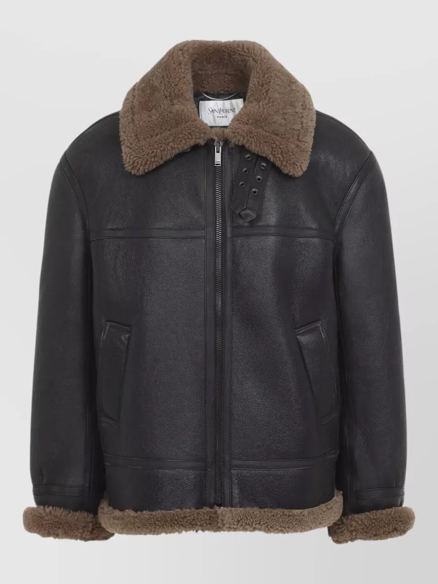 Saint Laurent shearling collar leather biker jacket