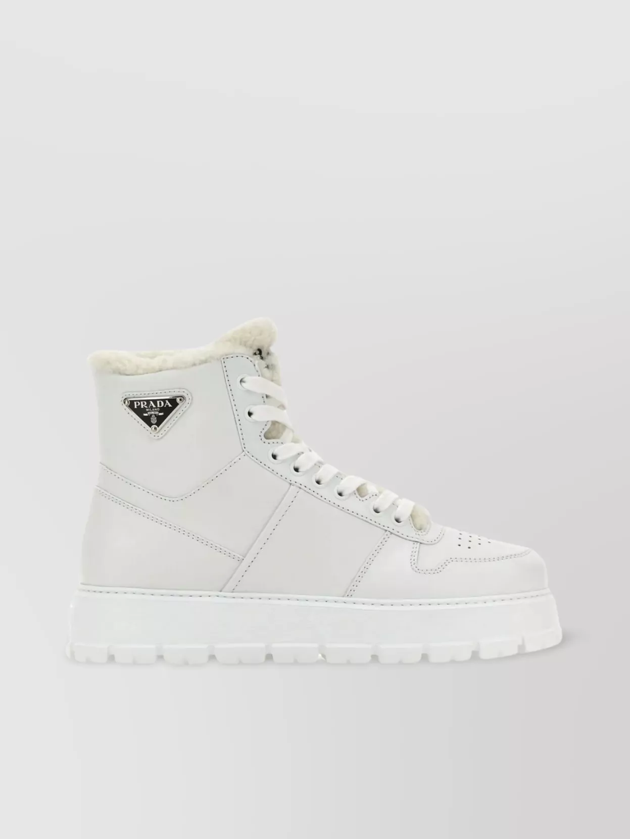 Shop Prada Perforated High-top Leather Sneakers