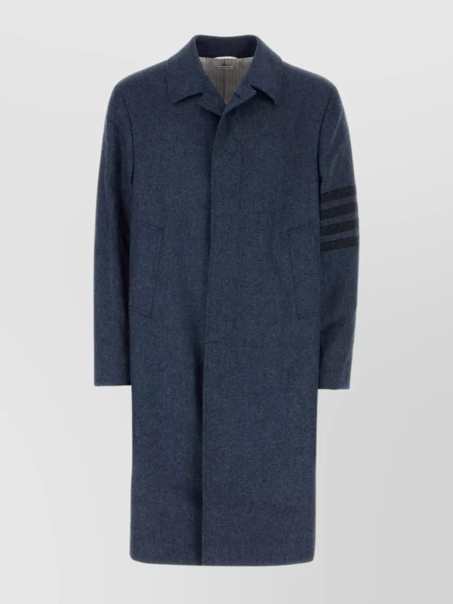 Shop Thom Browne Woolen Coat With Back Slit And Sleeve Bands In Blue