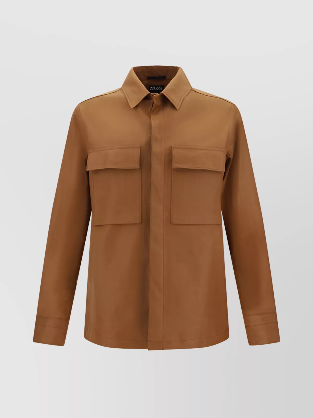 Zegna Button-down Shirt With Flap Pockets And Collar In Brown