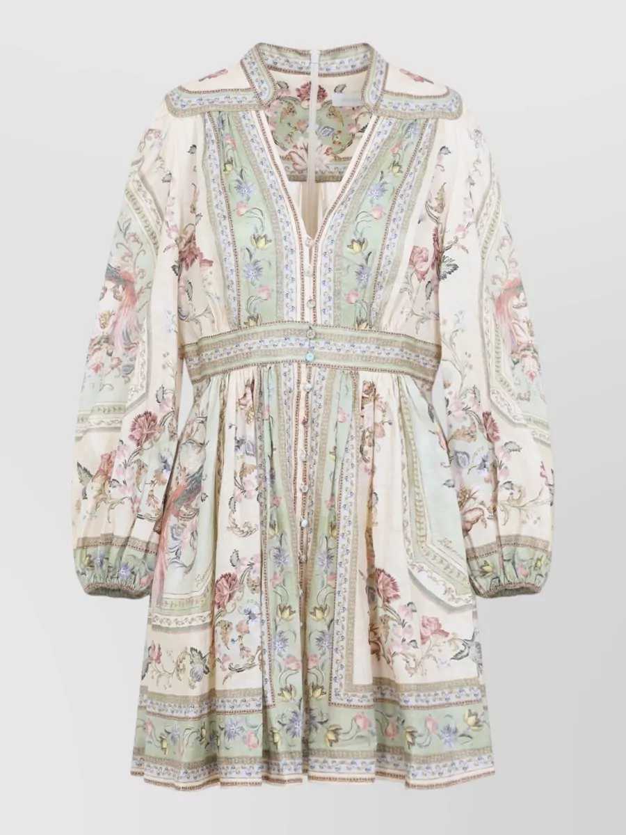 Zimmermann Linen Floral-Print Plunge Long-Sleeve Mini Dress