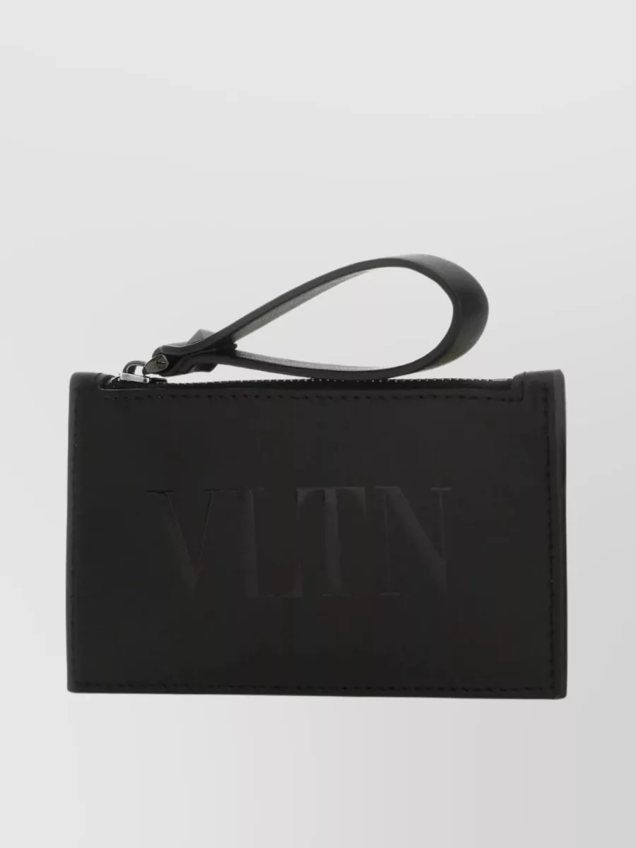 Shop Valentino Leather Card Holder With Zip Pocket And Wrist Strap In Black