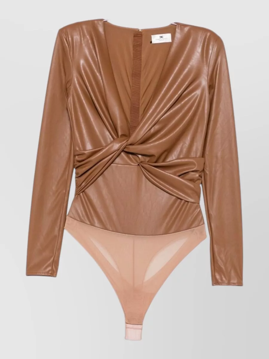 Elisabetta Franchi faux-leather effect twist-detail v-neck long-sleeve bodysuit