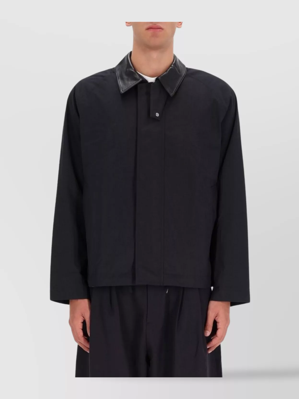 Studio Nicholson Long Sleeve Jacket With Front Pockets And Leather Collar In Black