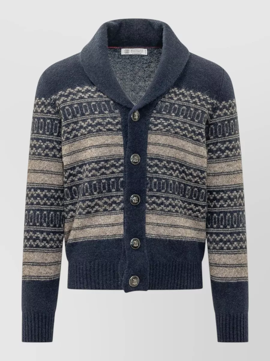 Brunello Cucinelli alpaca wool cashmere fair isle shawl collar cardigan