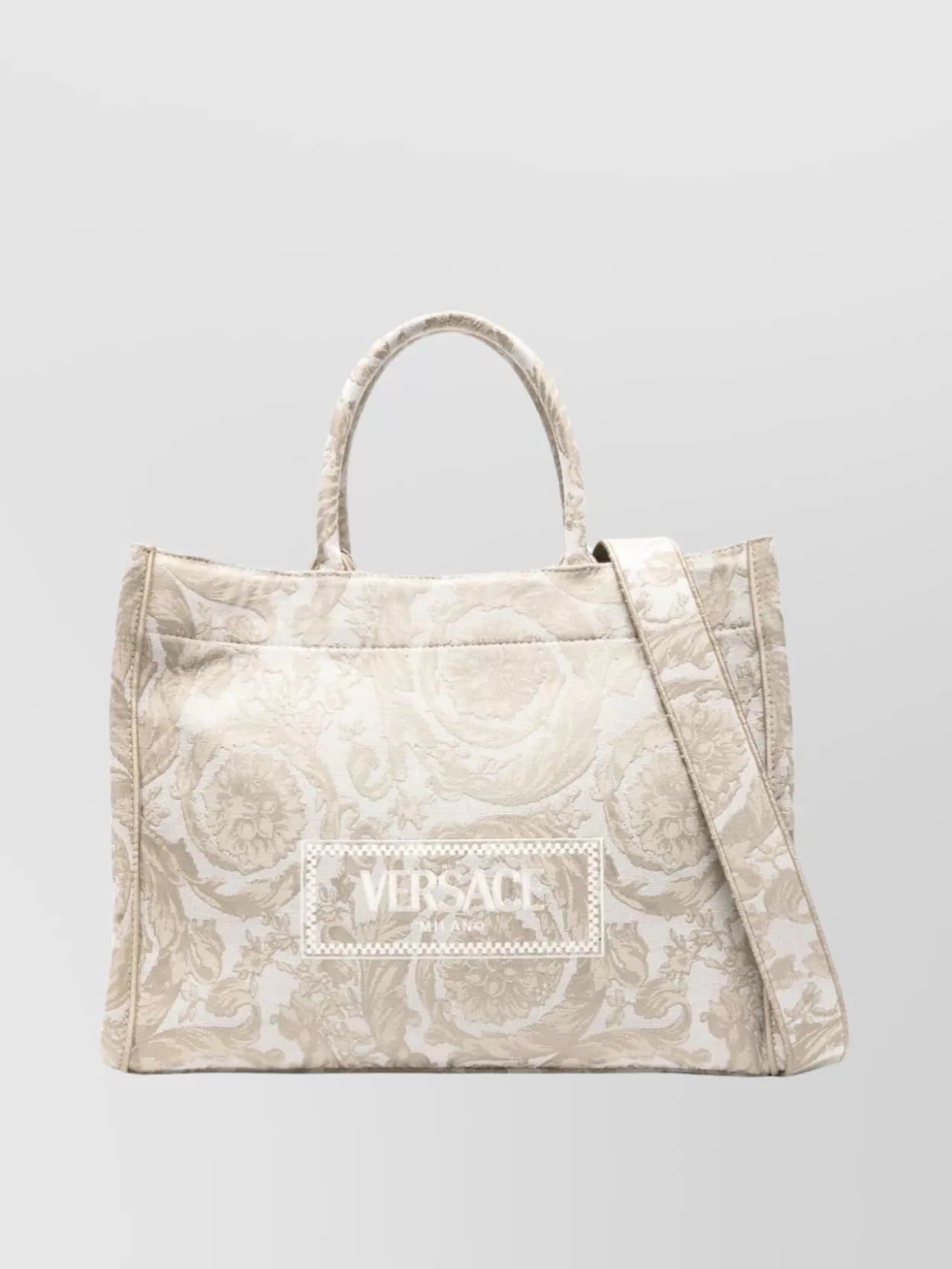 Shop Versace Jacquard Brocade Tote Bag With Signature Print