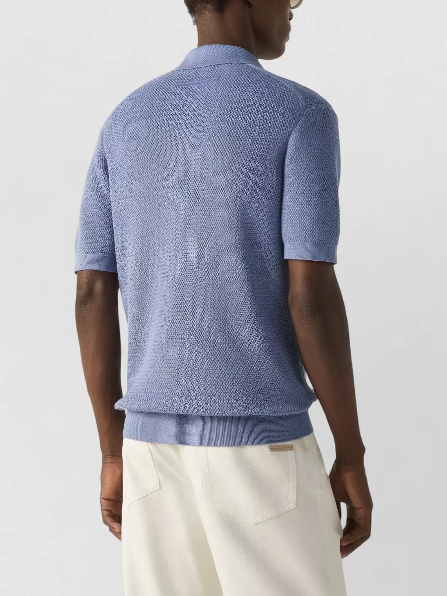 Zegna Jacquard Knit Cotton Open Collar Polo Shirt