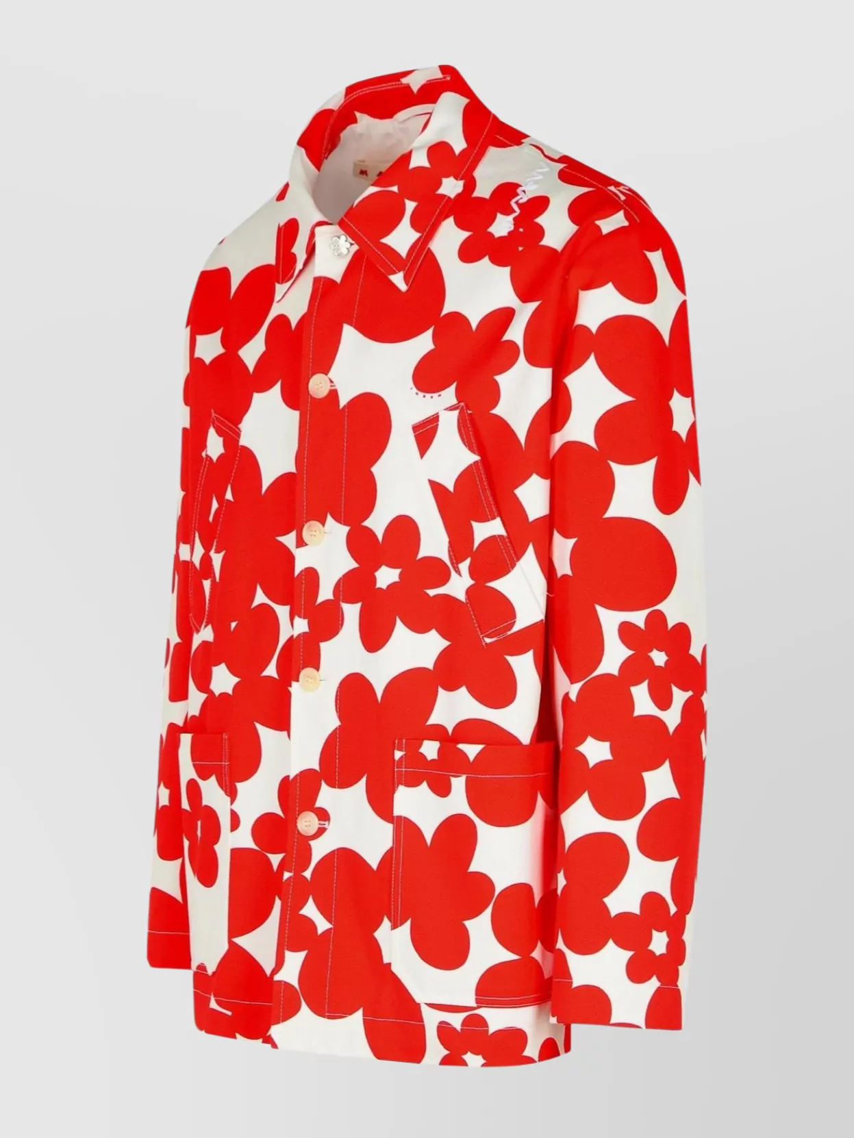 Shop Marni Cotton Jacket With Collared Neck And Floral Pattern In Red