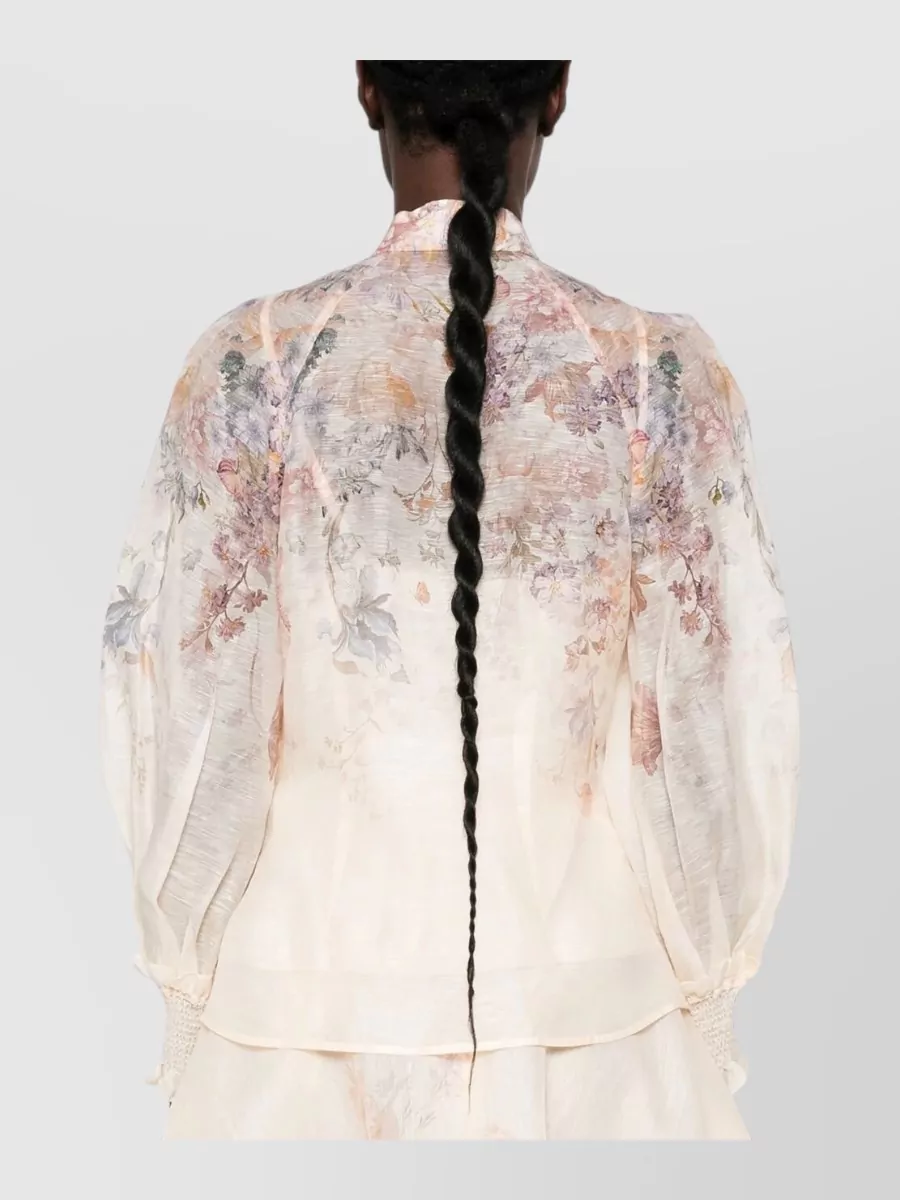 Zimmermann Floral-Print Sheer High-Neck Long-Sleeve Blouse