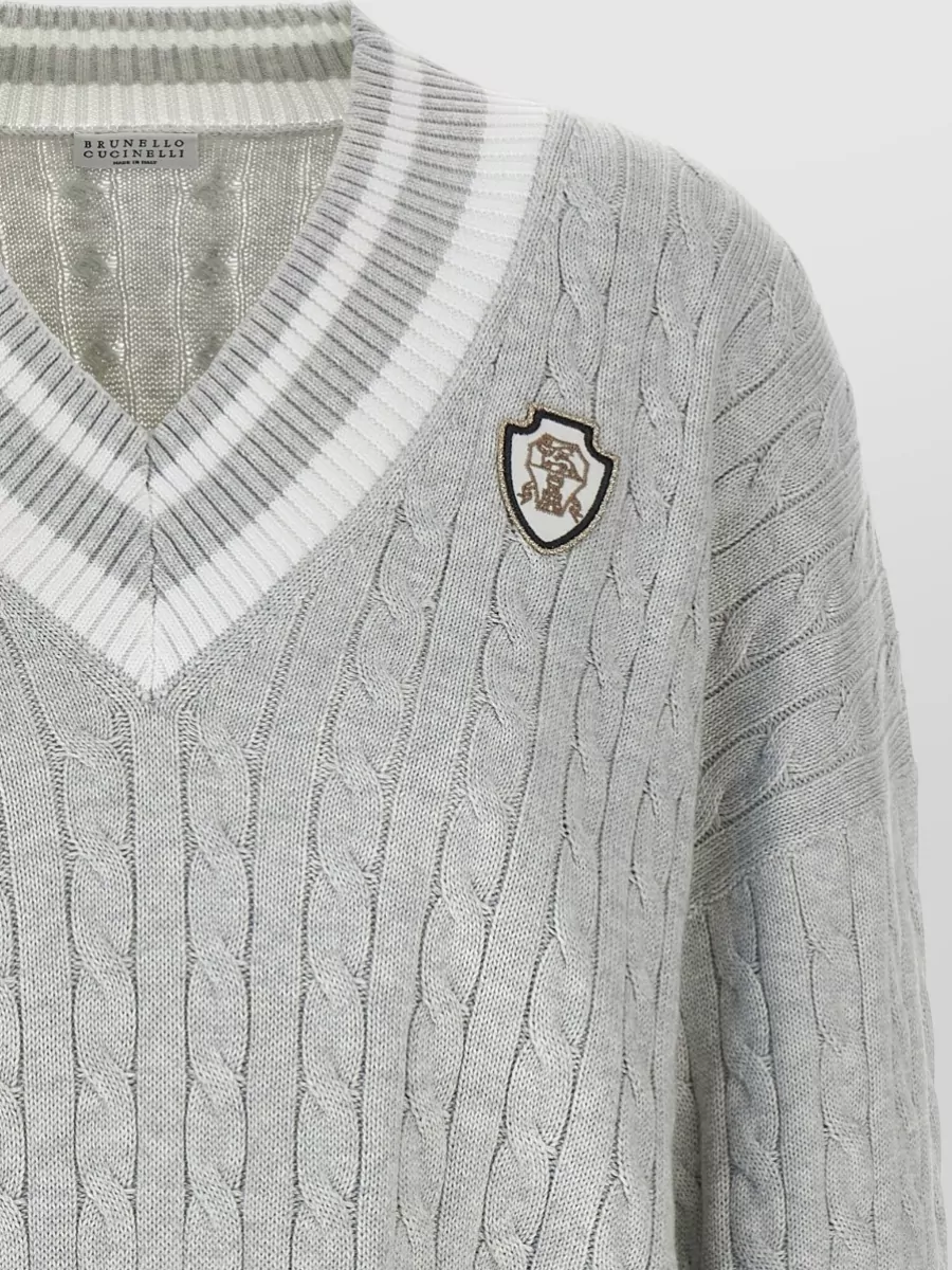 Brunello Cucinelli V Neck Cable Knit Cotton Sweater