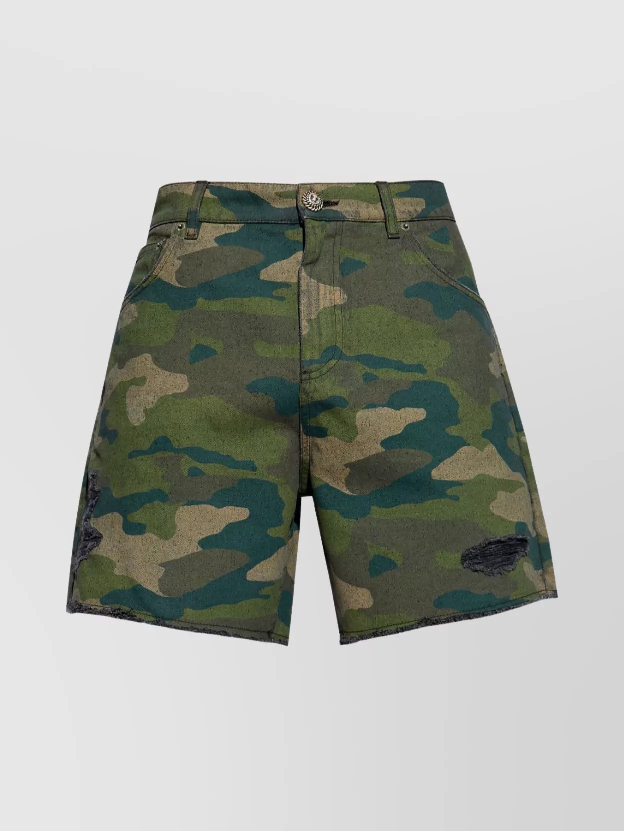 Shop Balmain Camouflage Pattern Denim Shorts