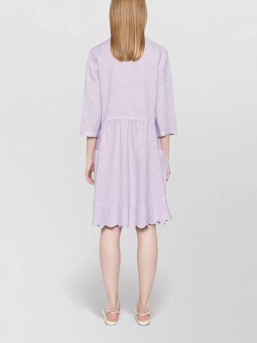 120% Lino Linen V-Neck Embroidered Knee-Length Dress