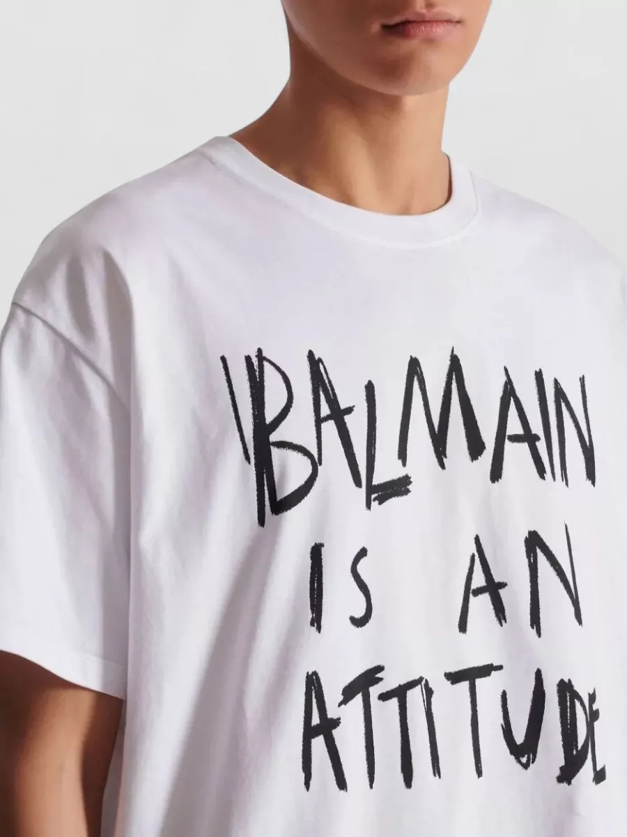 Balmain Regular Fit T Shirt Attitude Print Front