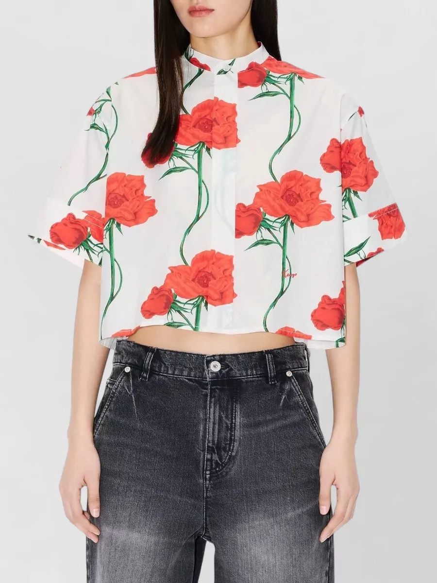 Kenzo Cotton Poplin Short-Sleeve Mandarin-Collar Shirt