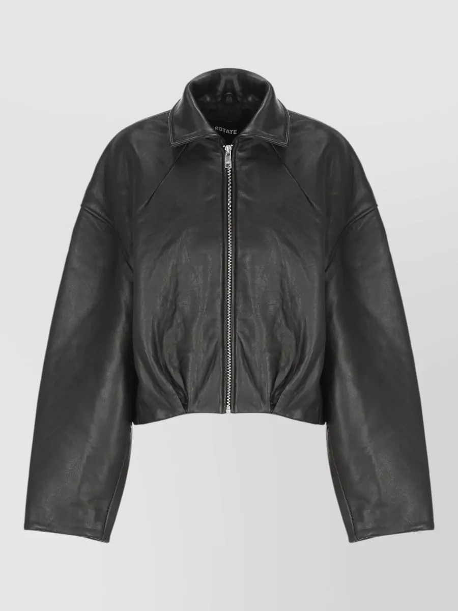 Rotate cropped leather coat lace detail neckline