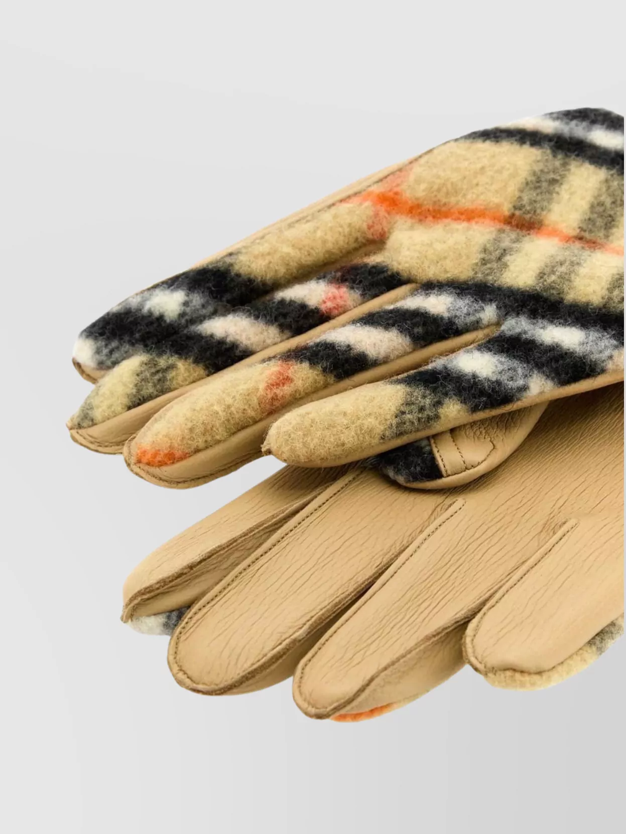 Burberry Leather Palm Plaid Pattern Wool Blend Gloves