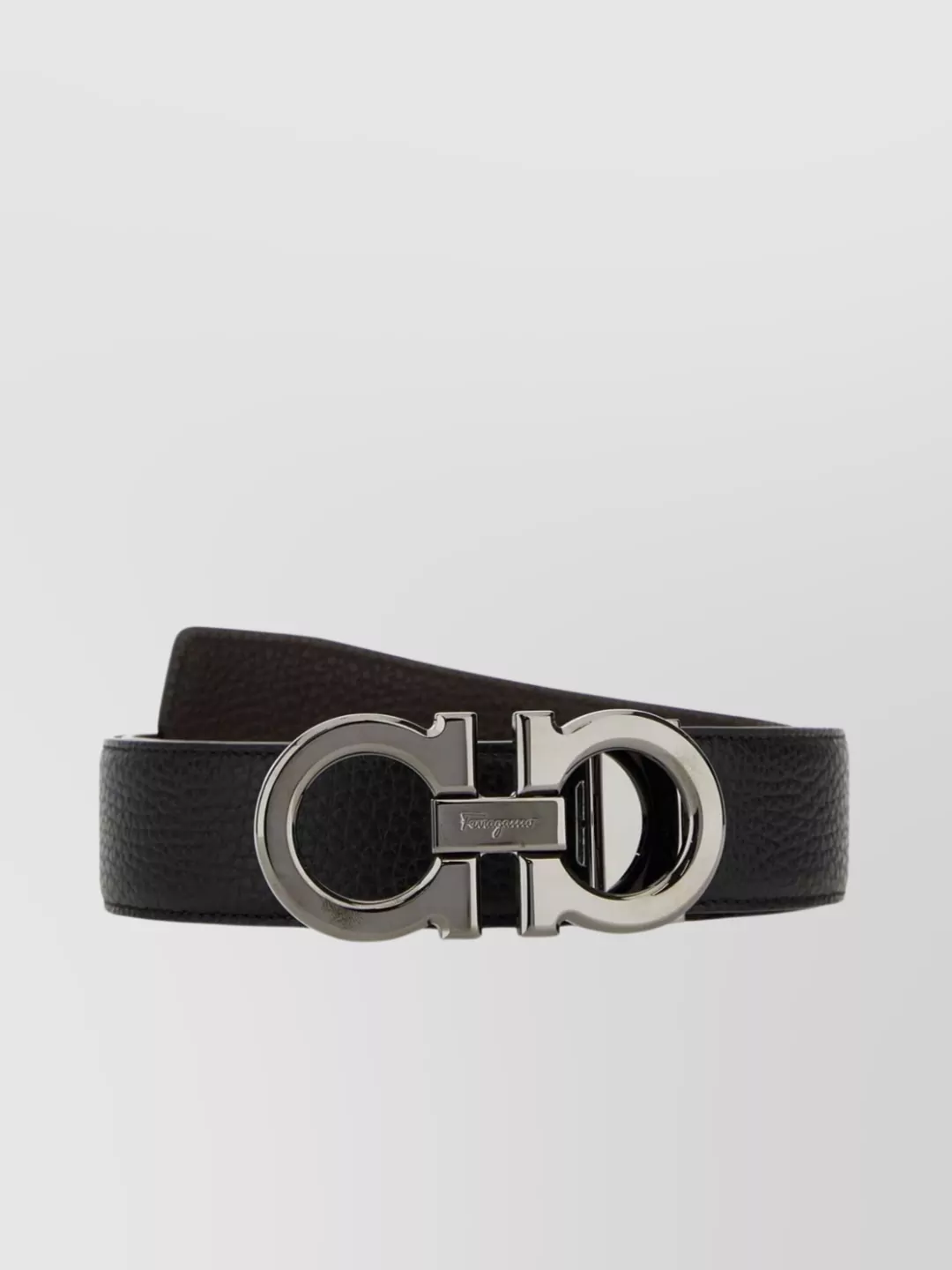 Ferragamo Adjustable Reversible Leather Belt With Textured Finish In Black