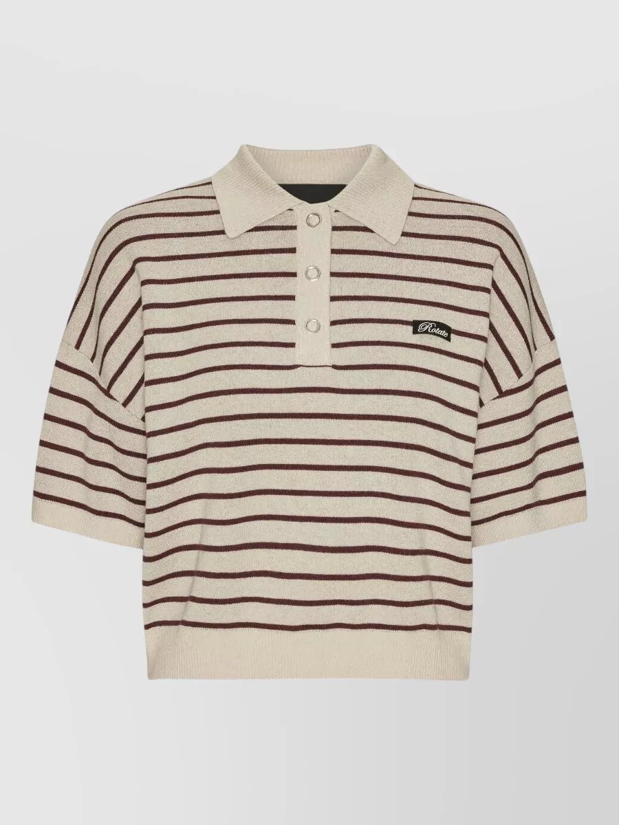 Rotate Birger Christensen Knit Polo Shirt Striped Short Sleeves In Gold