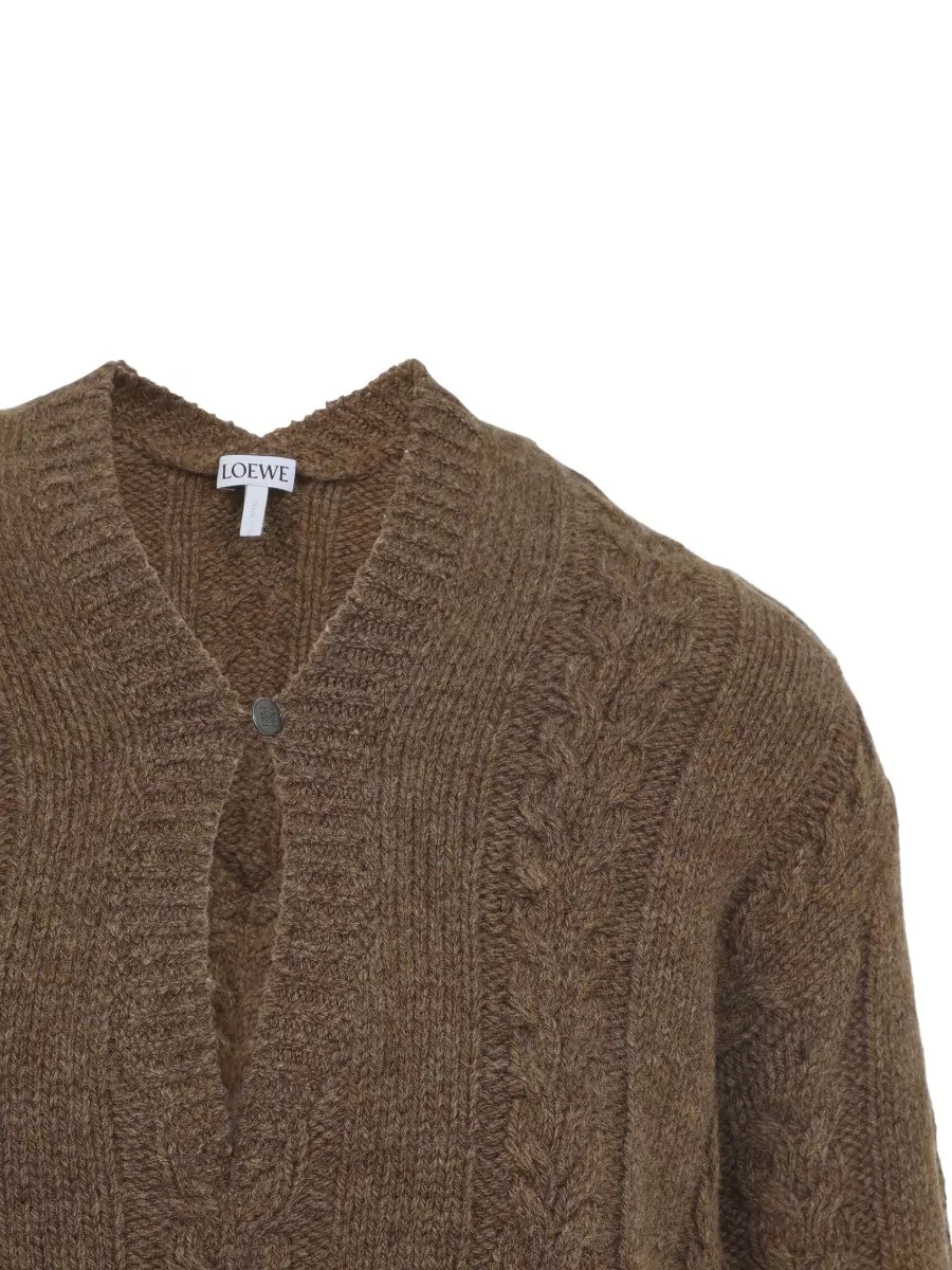 Loewe V Neck Cable Knit Sweater Ribbed Cuffs Hem
