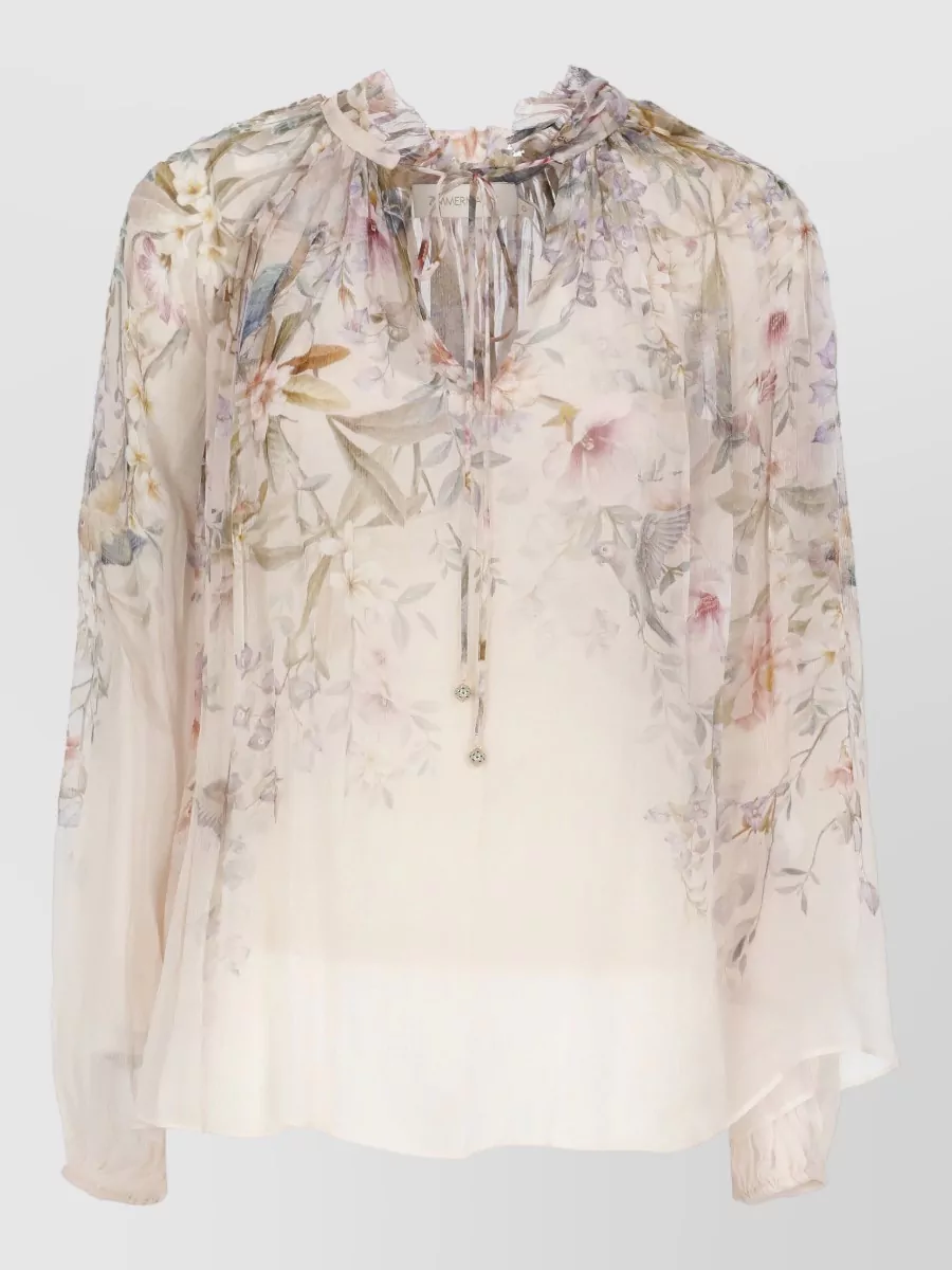 Zimmermann Printed viscose ruffled v-neck long-sleeve blouse
