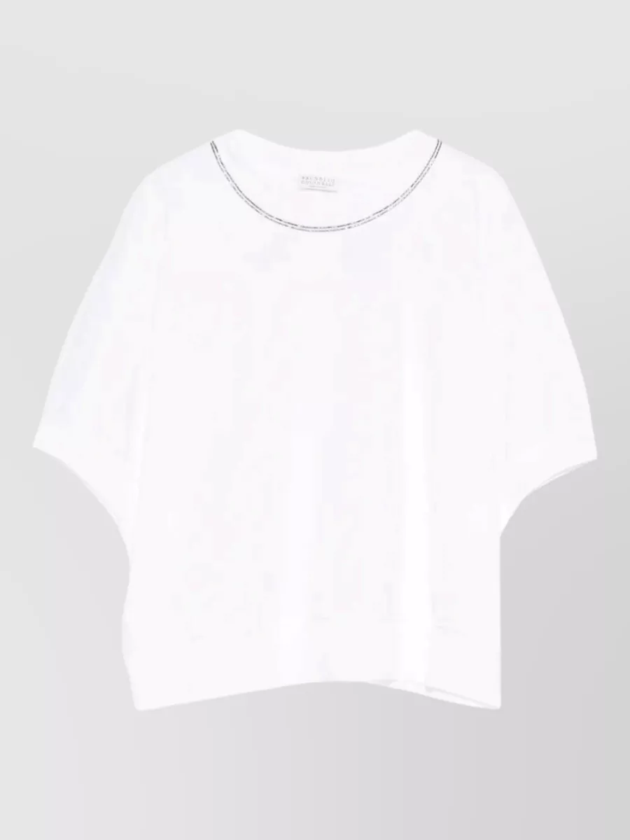 Brunello Cucinelli Short Sleeve Crew Neck Contrast Stitching Knit In White