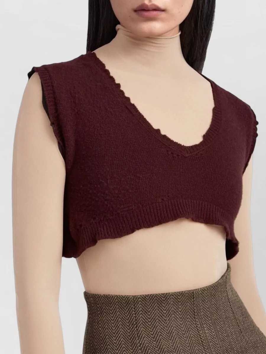 Maison Margiela Virgin Wool Distressed Cropped V-Neck Sleeveless Ribbed Knitted Top