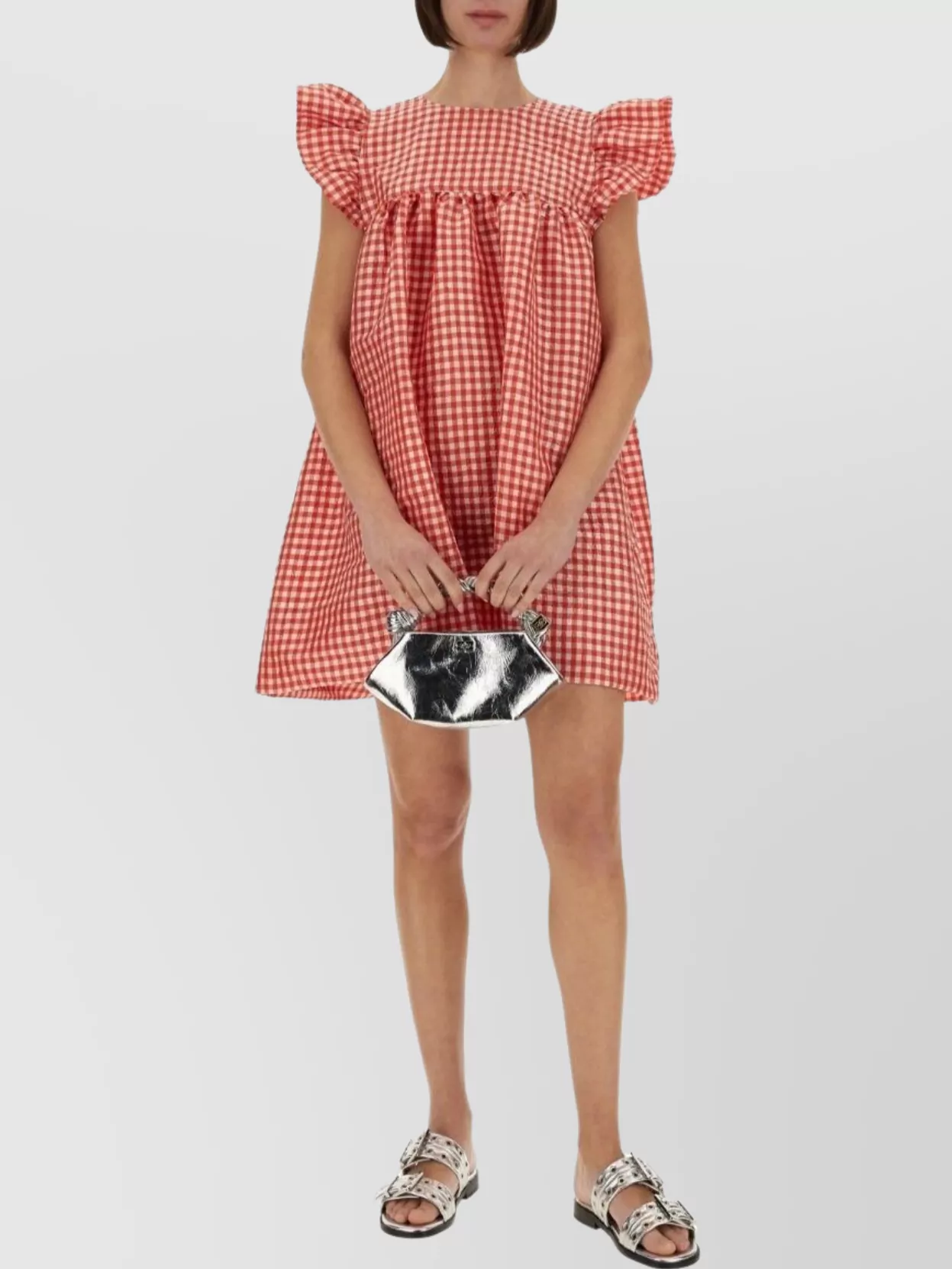 Ganni Checkered Mini Dress Ruffled Sleeves