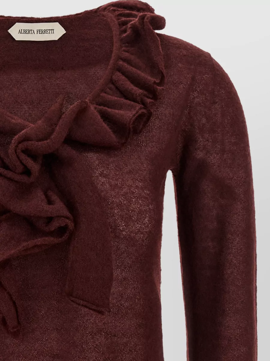 Alberta Ferretti Ruffled Cropped V-Neck Mohair-Blend Sweater