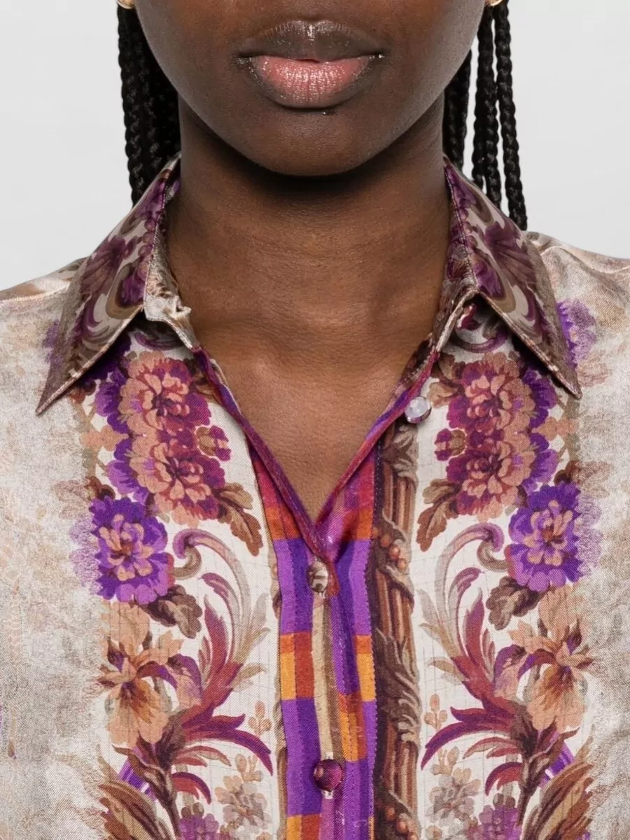 Pierre Louise Mascia Silk Shirt Floral Print Curved Hem Cuffs