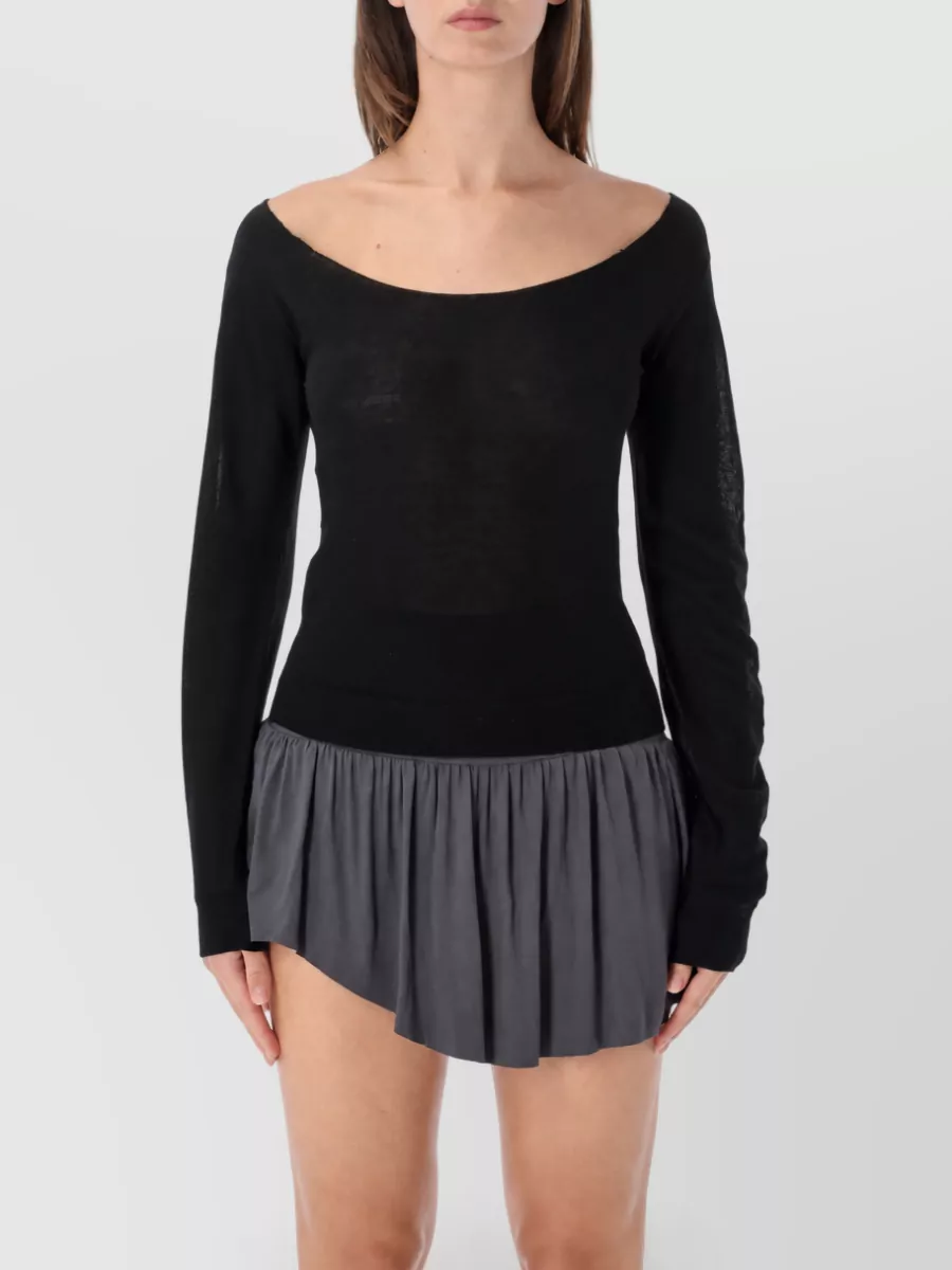 Gimaguas Merino wool jumper — The off-shoulder black knit mirrors the skirt’s romantic minimalism, keeps the palette charcoal and black, and balances the relaxed slip with a slim, quietly sensual FW-appropriate top.