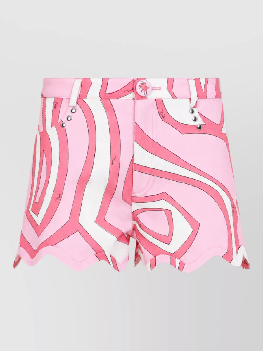 Pucci Printed bermuda shorts — The matching Pucci scalloped mini short creates a cohesive, graphic pink set that mirrors the top’s print, keeps the vibe playful, and maintains the same casual-formal sweet spot.