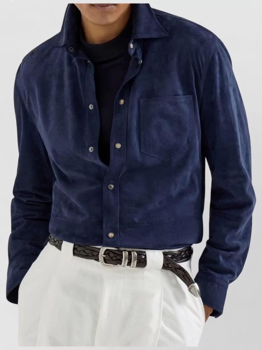 Brunello Cucinelli Suede Texture Shirt Chest Pocket Long Sleeves